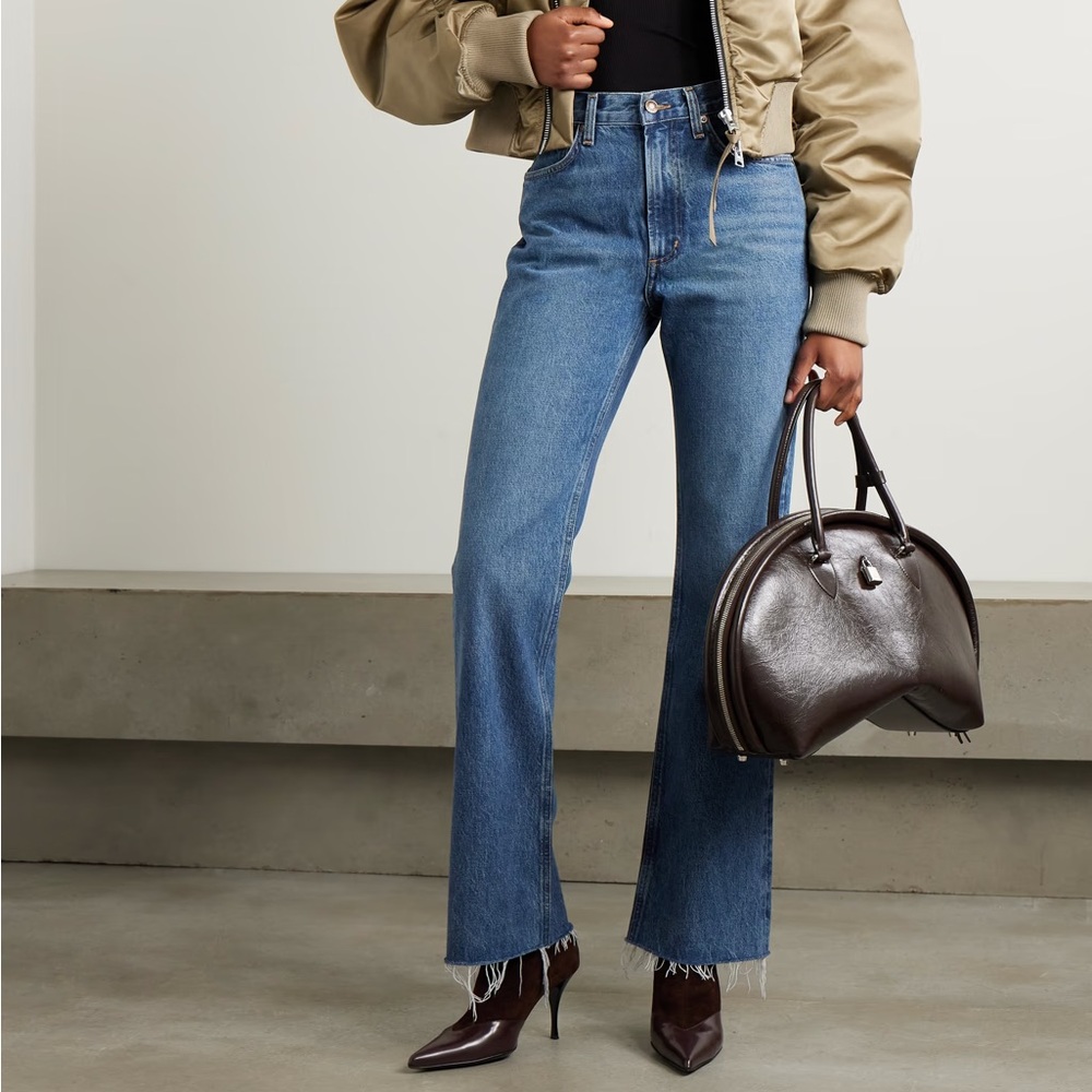 NEW AGOLDE Jeans Leena mid rise baby flare raw edge hem in Placebo